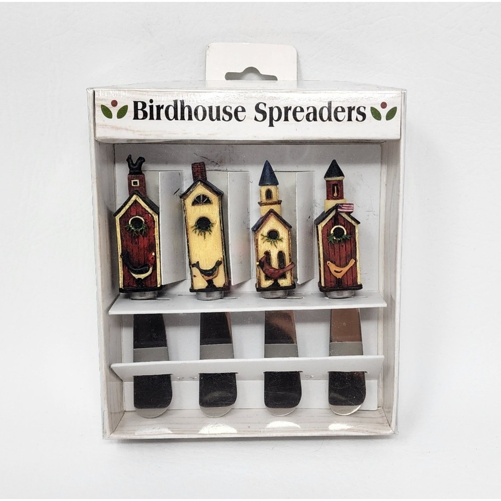 4 Vtg Warren Kimble Birdhouse Handle Cheese Butter Spreaders Knives Stainless